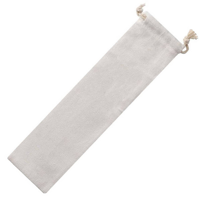 A light grey fabric pouch with drawstring closures at both ends. It features a simple design and has a soft texture.