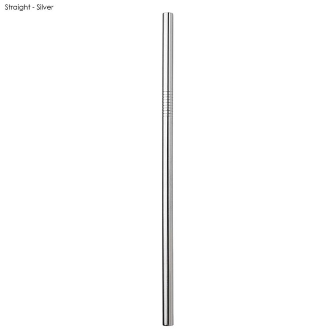A stainless steel straw, silver in colour, measuring 8mm x 215mm, featuring a logo.