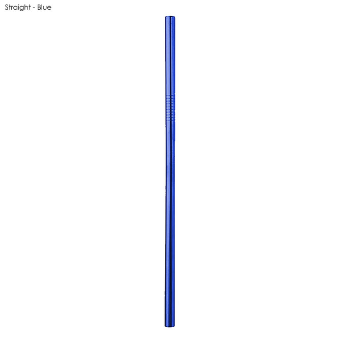 A blue stainless steel straw, measuring 8mm x 215mm, features a sleek, straight design and includes a logo.