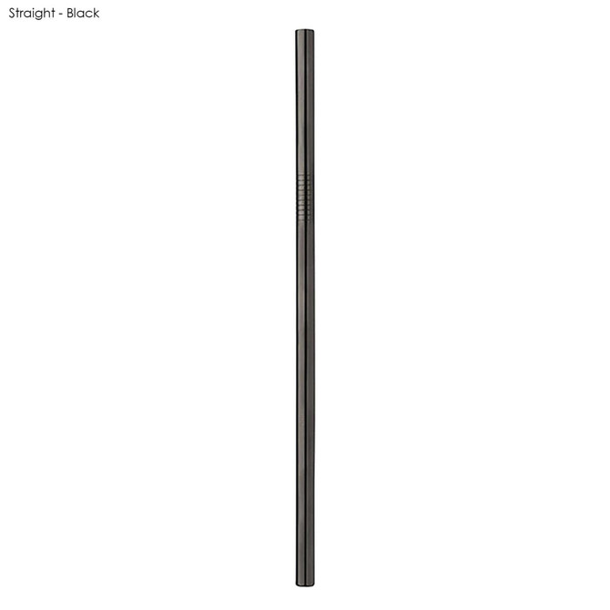 A stainless steel straw in black, measuring 8mm x 215mm. The image features a logo.