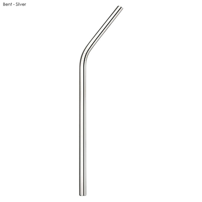 A stainless steel drinking straw in a bent design, silver in colour, with a sleek, polished finish.