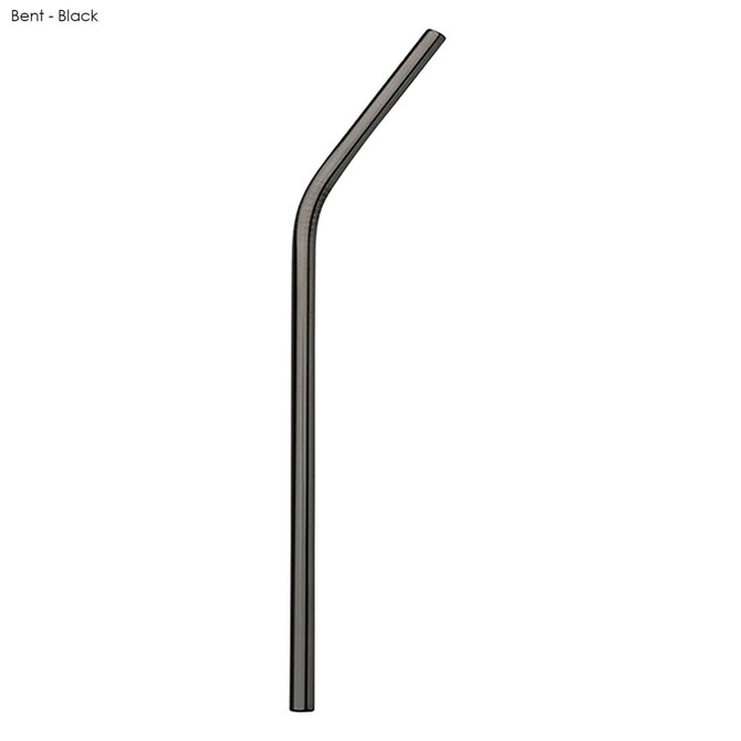 A black stainless steel straw, bent design, measuring 8mm x 215mm, features a logo.