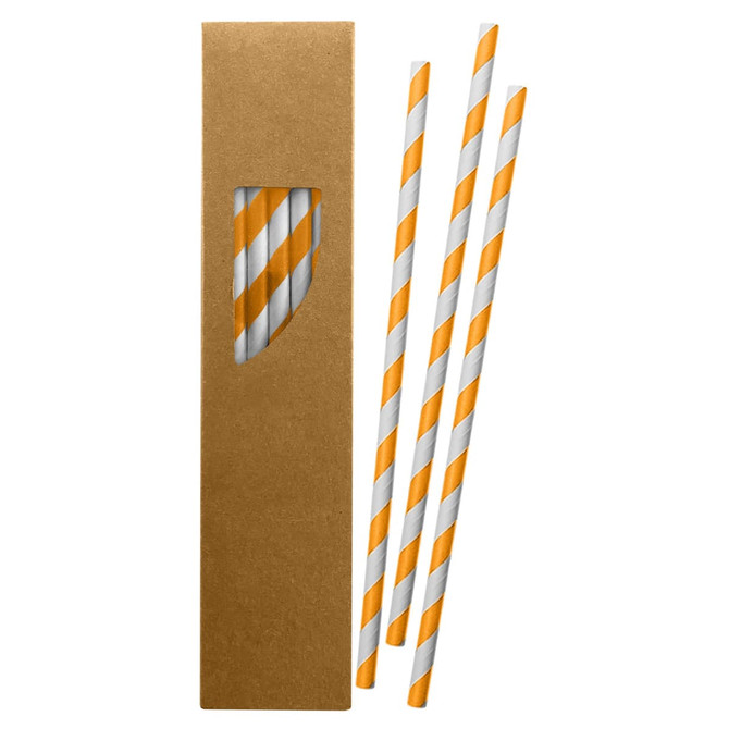 A box contains three orange and white striped paper drinking straws. The box has a window to view the straws inside.