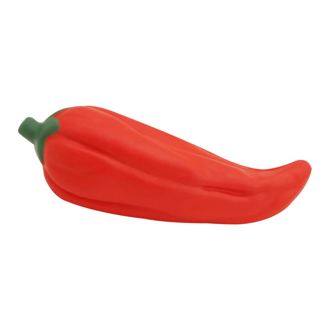 A bright red stress chili with a green stem, designed as a stress-relief toy. It has a smooth texture.