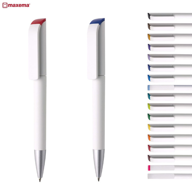 A collection of plastic pens in various colours, featuring a white body with red and blue accents and a silver tip.