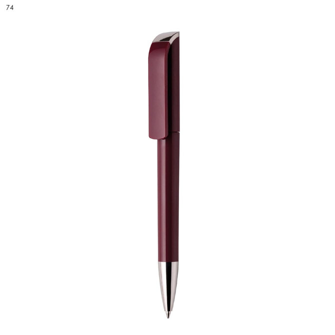 A burgundy plastic pen with a sleek design and silver accents, featuring a clip and ballpoint tip.