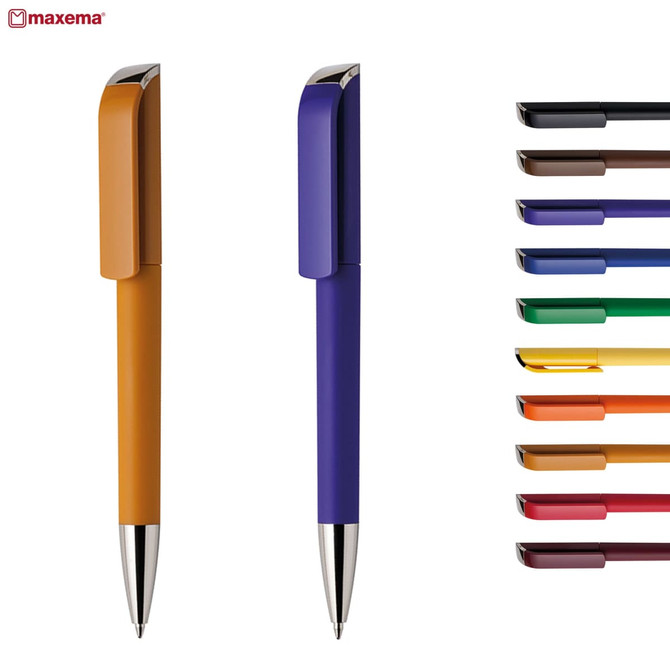 Two plastic pens in orange and purple, featuring a silver clip, alongside a range of pen colours displayed on the right.