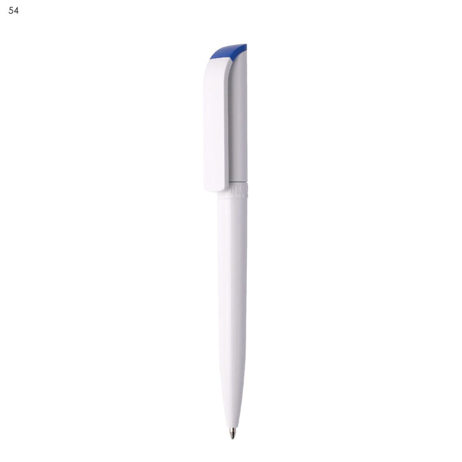 A plastic pen in white, featuring a blue clip at the top and a minimalist design. It has a logo on the barrel.