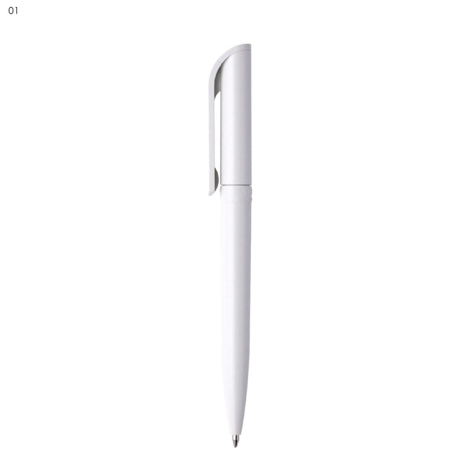 A plastic pen in white with a sleek design and a clip. Features branding on the body.