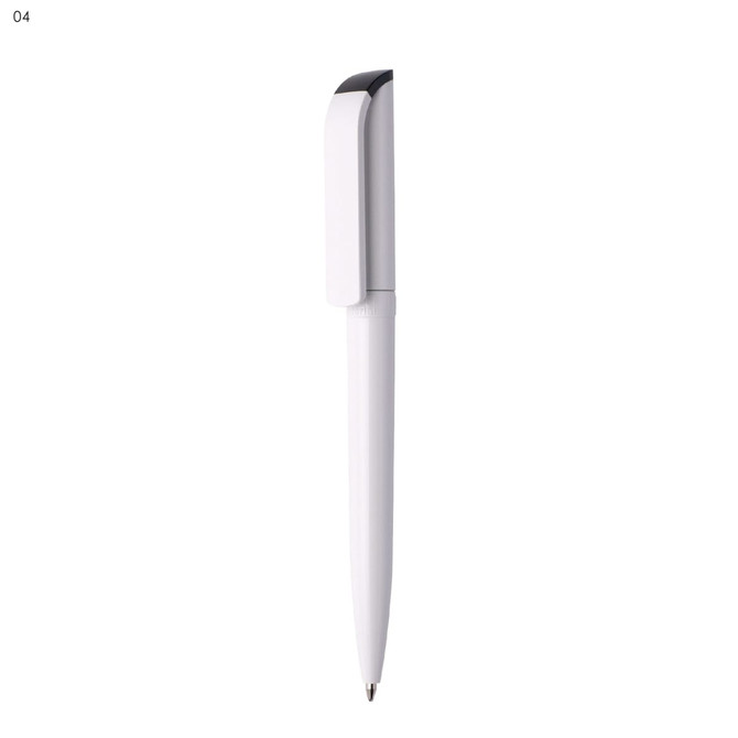 A white plastic pen with a sleek design and a clip at the top. It features a logo on the body.