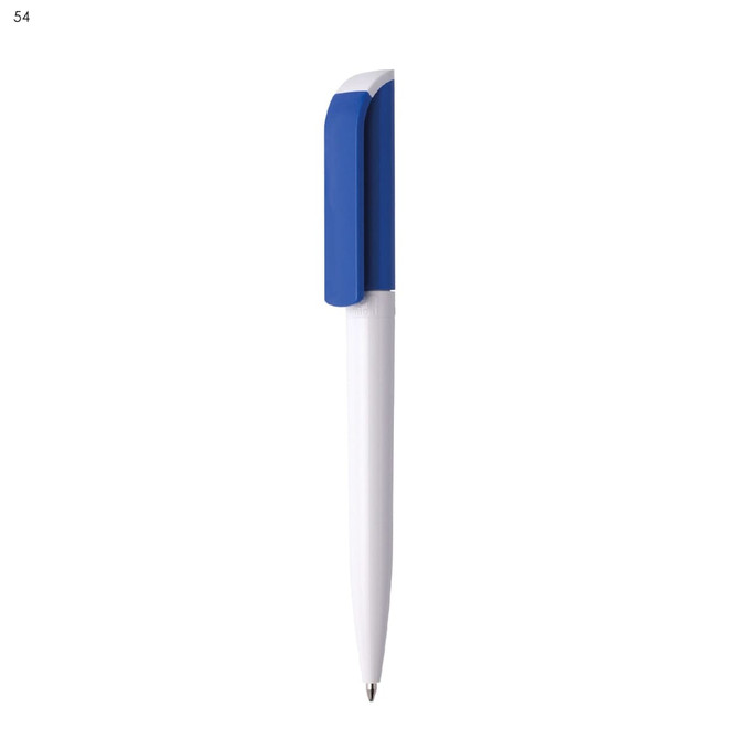 A plastic pen in white with a blue clip. The pen features a logo on the clip.