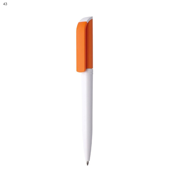 A white plastic pen with an orange clip, featuring a logo on the barrel.