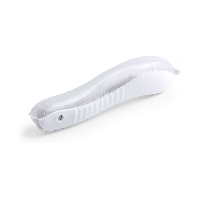A white toothbrush with a curved design and a textured grip for comfort. It features a branding logo.