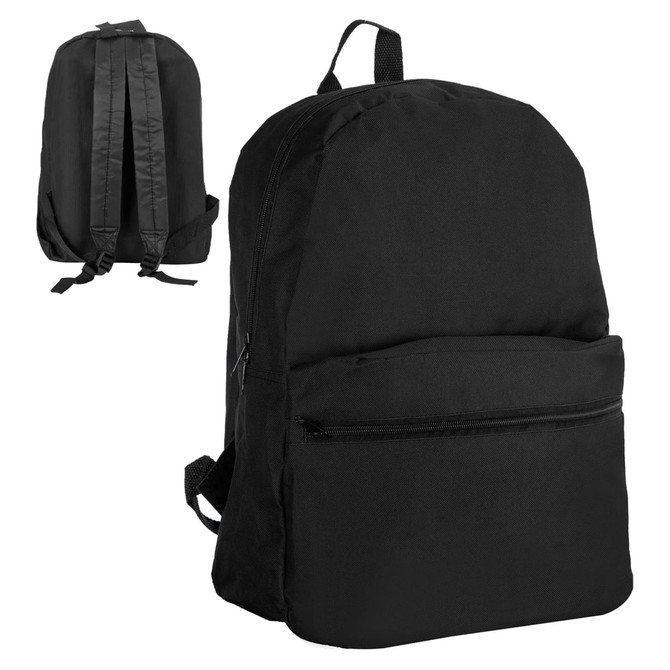 A black backpack featuring adjustable straps, a front pocket, and a simple design. It includes a logo.