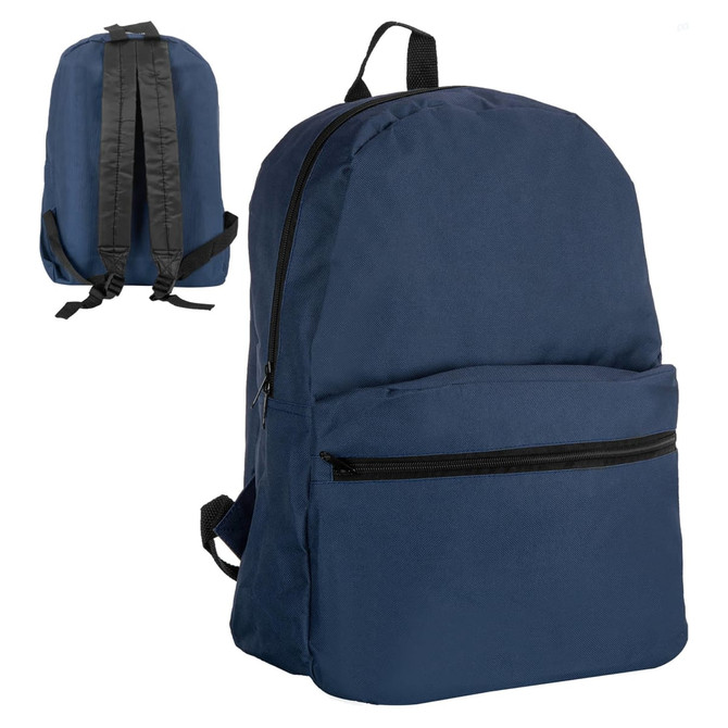 A navy blue backpack with a zippered front pocket and adjustable black straps, featuring a simple logo.