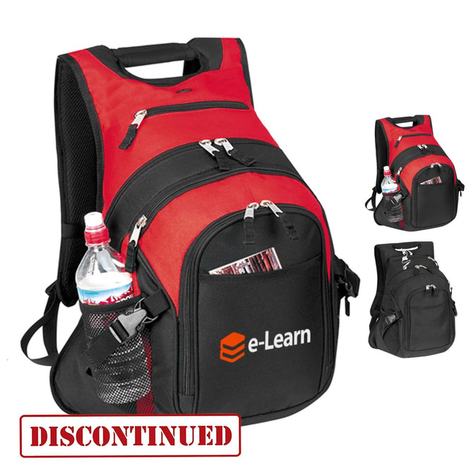 A red and black deluxe computer backpack features multiple pockets and a side mesh pocket for a drink bottle. It has a logo.