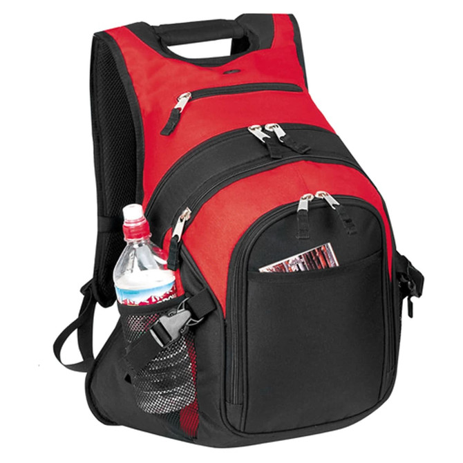 A red and black deluxe computer backpack featuring multiple zippers and a side pocket with a drink bottle.