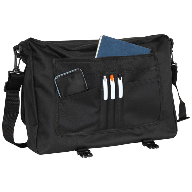 A black briefcase featuring multiple pockets, a notebook, pens, and a smartphone visible in the front.