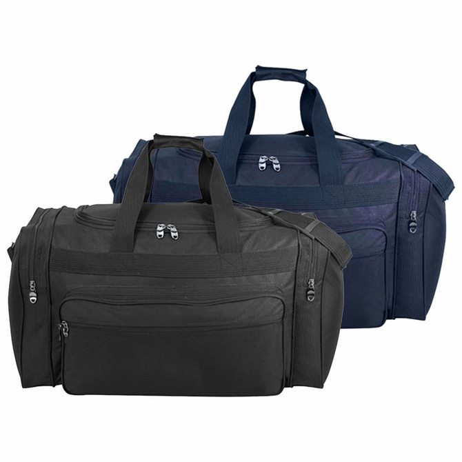 Two duffle bags in black and navy blue, featuring zippers, handles, and a logo.