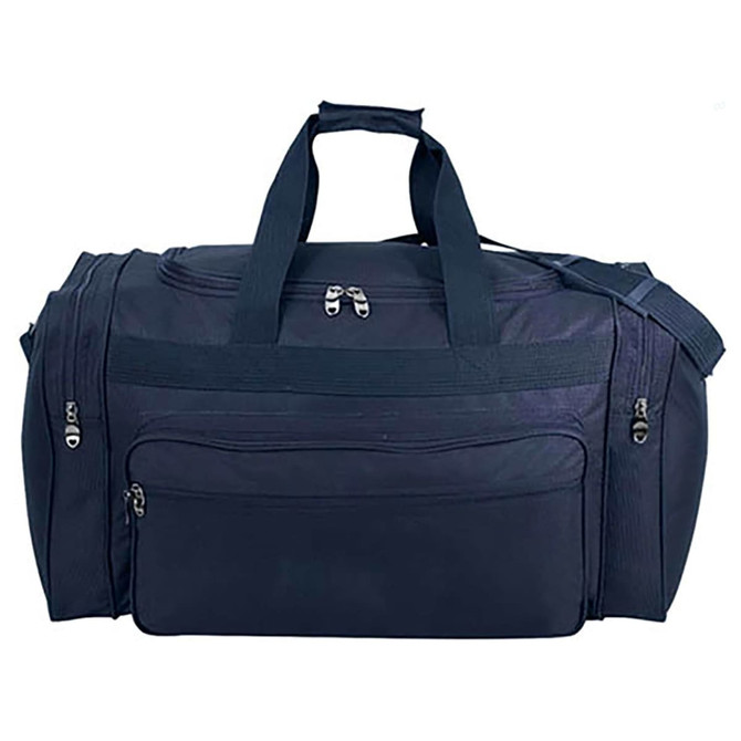 A navy duffle bag featuring dual handles, a shoulder strap, and multiple zippered compartments. Includes a logo.