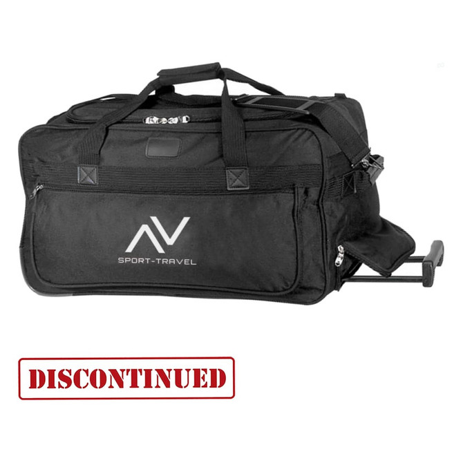 A black rolling duffle bag with wheels, featuring multiple compartments and a logo on the side.