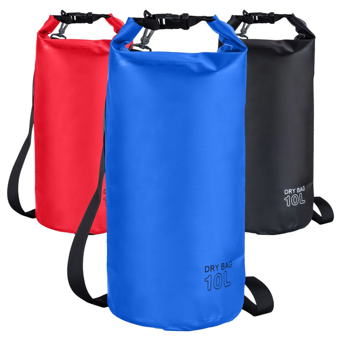 Three 10L dry sacks in red, blue, and black, each with a strap and a logo.
