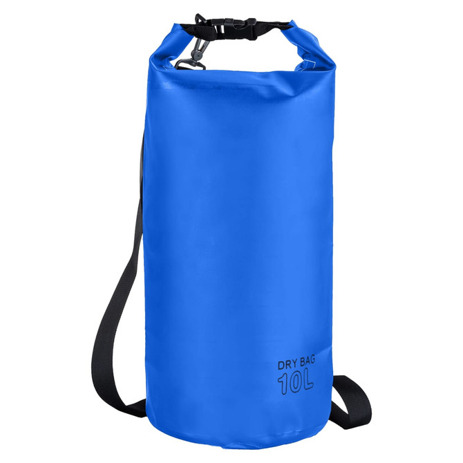 A blue 10L dry sack with a strap and a logo. Ideal for keeping items dry.