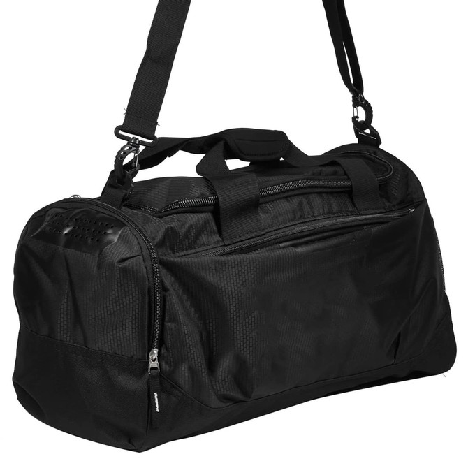 A black duffle bag with dual handles and an adjustable shoulder strap, featuring a zippered main compartment and logo.