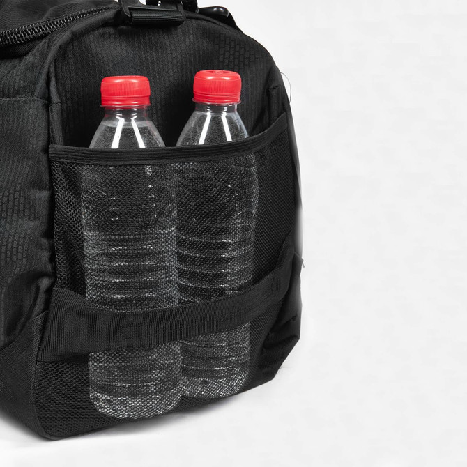 A black sport bag with two water bottles secured in a mesh pocket on the side. It features a simple logo.