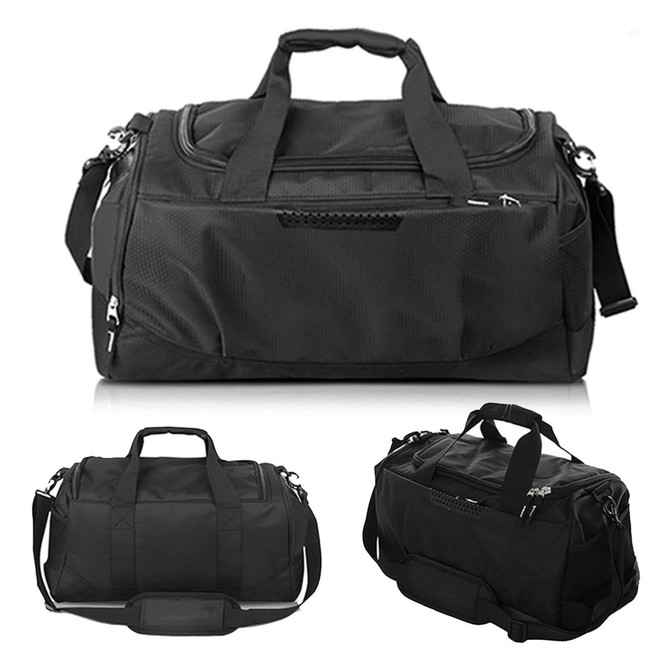 A black duffle bag featuring multiple handles, a shoulder strap, and a logo. The bag has a sleek, sporty design.