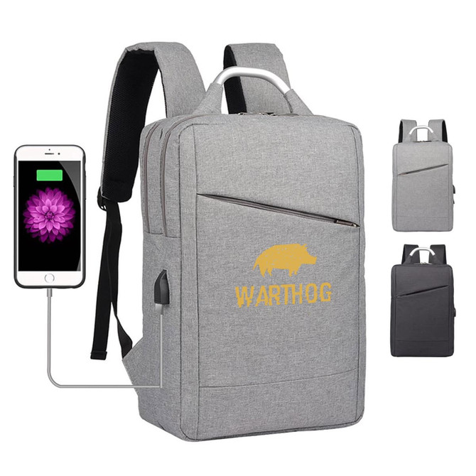 A grey laptop backpack with a front pocket and integrated charging port, featuring a logo. Includes adjustable straps.