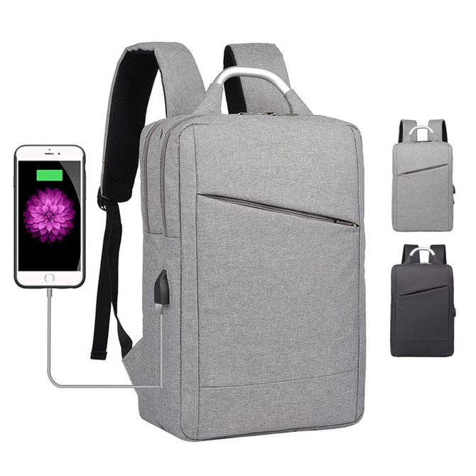 A grey laptop backpack with a front zipper pocket and a charging port, featuring adjustable straps and a minimalist design.