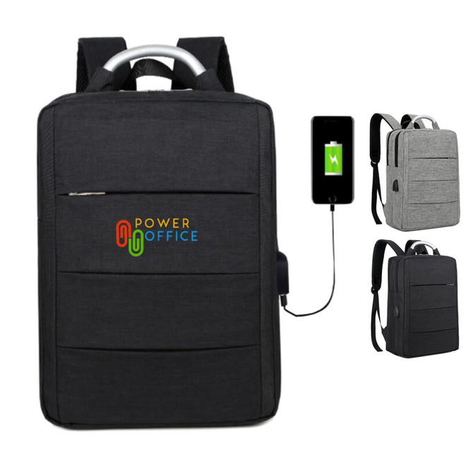 A black laptop backpack featuring a branded logo and a USB charging port. Includes a grey version shown beside it.