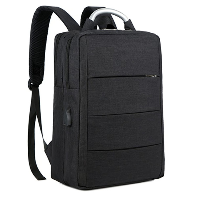 A black laptop backpack with padded shoulder straps and a top carry handle, featuring multiple zippered compartments and a logo.