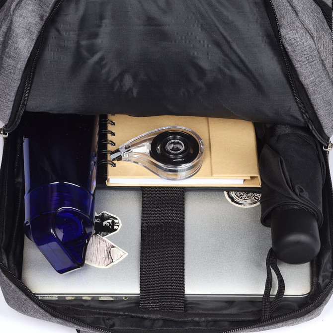 A grey laptop backpack with a drink bottle, notebook, tape measure, and an umbrella inside.