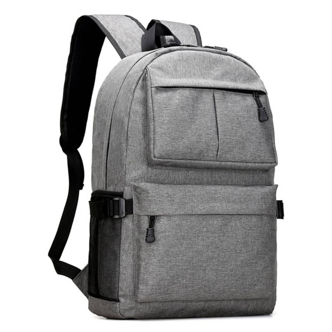 A grey laptop backpack featuring multiple pockets and adjustable straps, designed for convenience and storage.