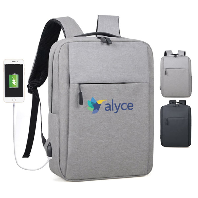 A grey backpack featuring a logo, with a front pocket and side access for charging devices.