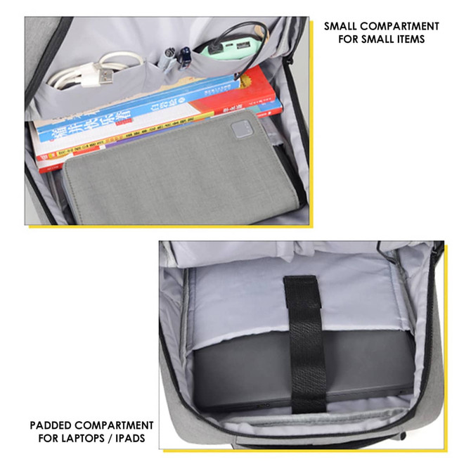 A grey Wirra Backpack with compartments for small items and a padded section for laptops or iPads.