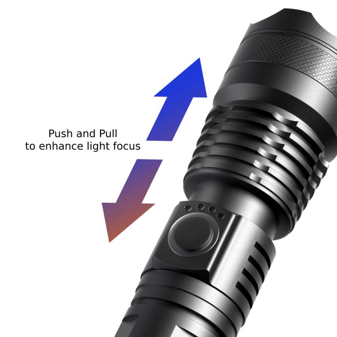 A black outdoor torch featuring a focus-enhancing design and a control button. It includes a logo on the body.