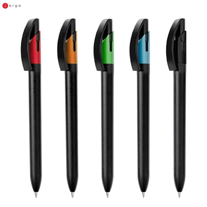 A set of plastic pens in black with coloured grips in red, orange, green, and blue. Each pen has a logo.