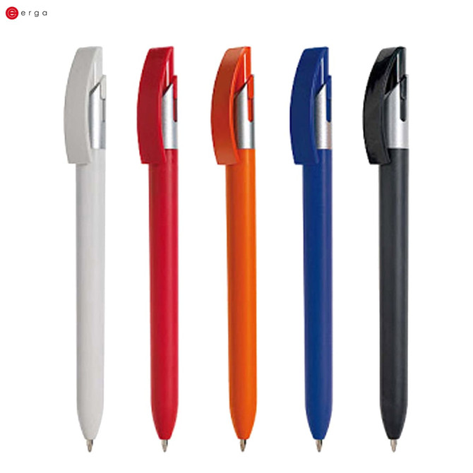 A collection of five plastic pens in white, red, orange, blue, and black, featuring a logo on each pen.