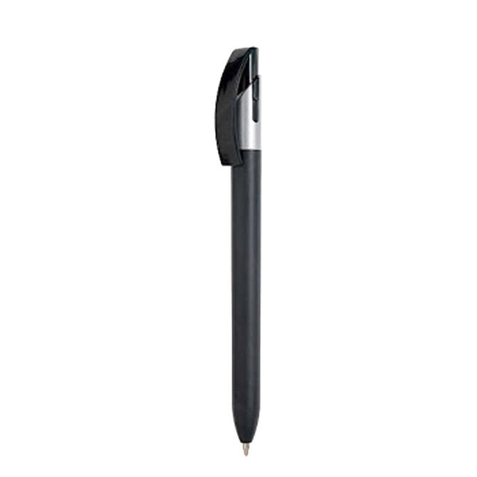 A black plastic pen with a silver clip and a smooth surface, featuring a logo on the barrel.