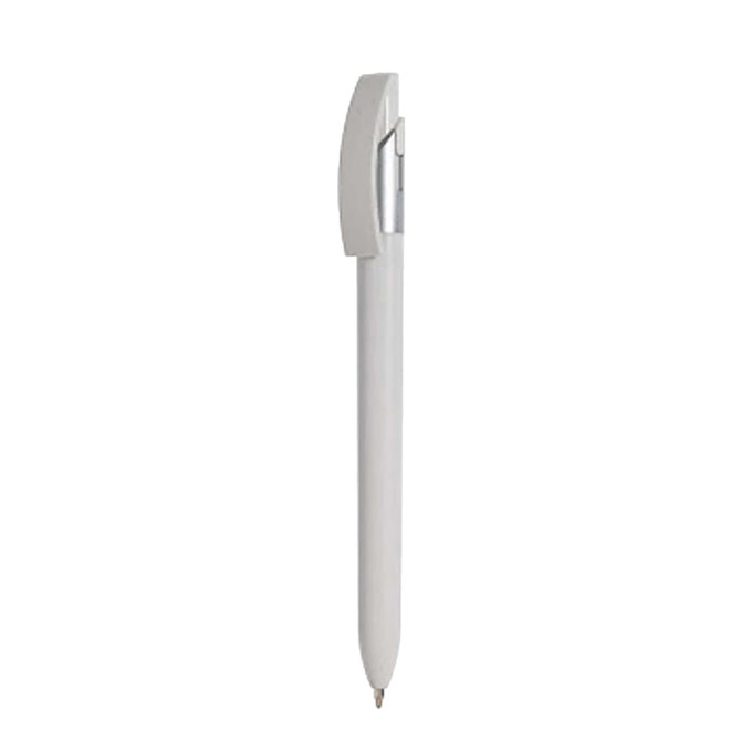 A plastic pen in white with a silver clip, featuring a simple and sleek design. It has a logo on the body.