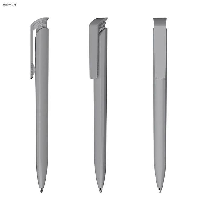 A grey plastic pen with a high gloss finish, featuring a clip and a sleek design, shown from multiple angles.