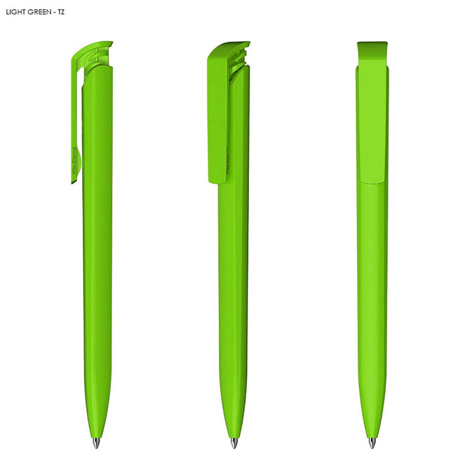 A light green plastic pen displayed from three angles, featuring a clip and a glossy finish.