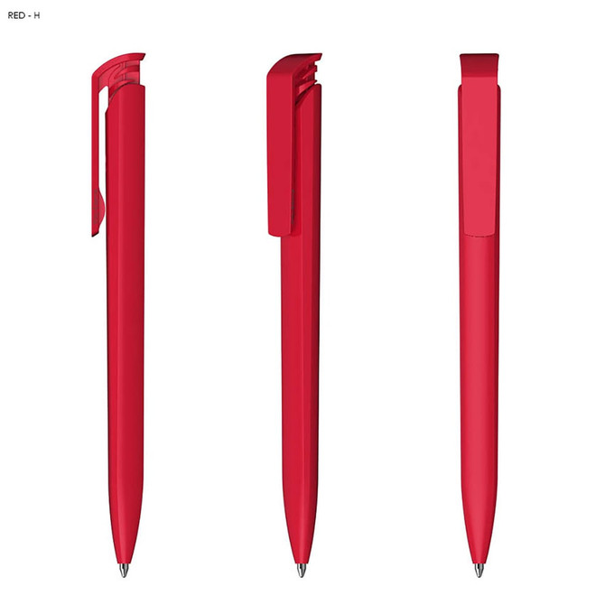 A red plastic pen displayed from three angles, featuring a sleek design and a clip. The pen has a glossy finish and logo.
