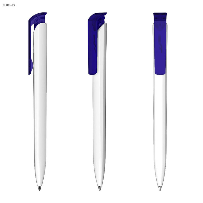 A plastic pen with a white barrel and a blue clip, displayed from multiple angles. It features a logo.