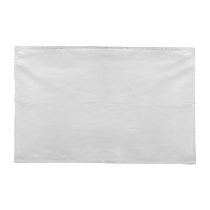 A cotton tea towel in white, featuring a simple design with a neat edge. It also includes a logo.
