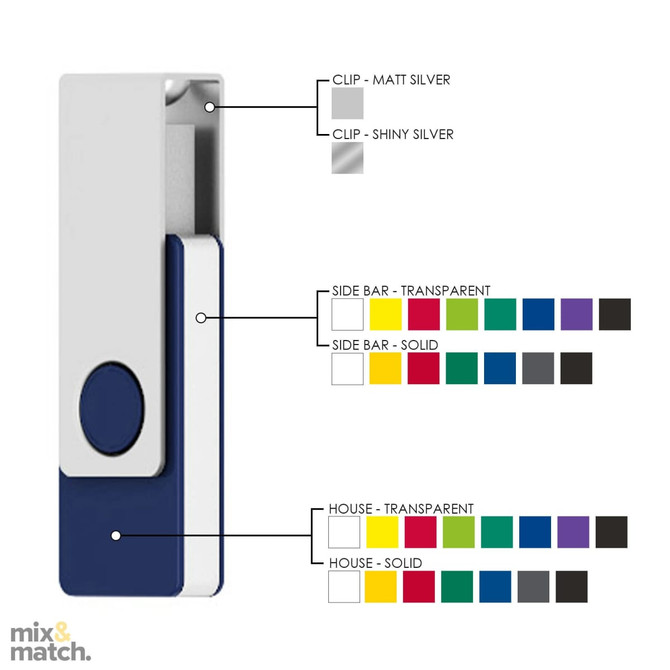 A USB flash drive with a metal clip, featuring a mix of colours including blue, white, and transparent options, along with a logo.
