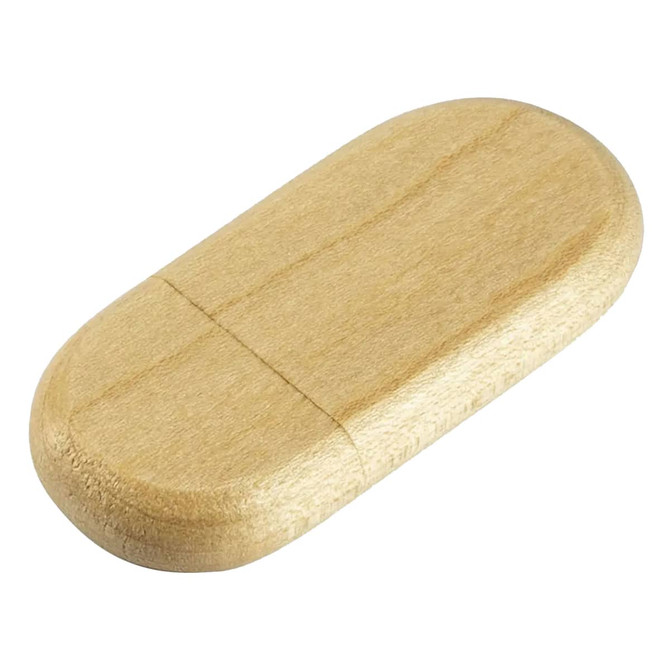 A bamboo USB flash drive with a smooth, light-coloured wooden finish, featuring an oval shape and a logo.